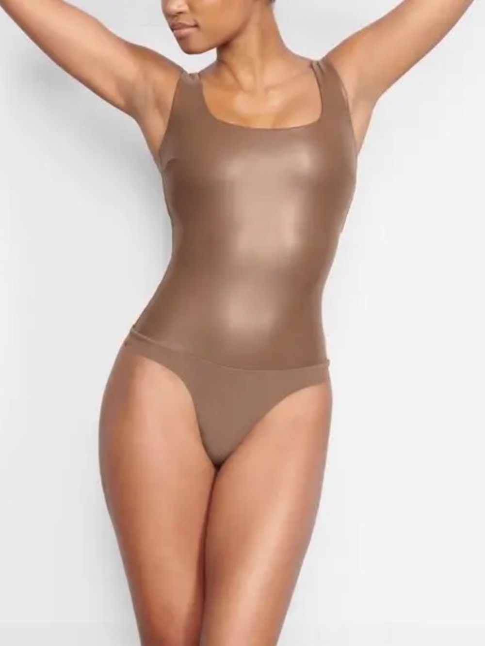 SKIMS Faux Leather Scoop Bodysuit — Cocoa